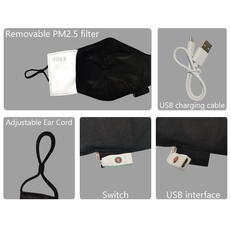 Rechargeable Black Cotton Face Mask LED Mouth, Bluetooth APP Control Rechargeable Black Cotton Face Mask LED Mouth, Bluetooth APP Control